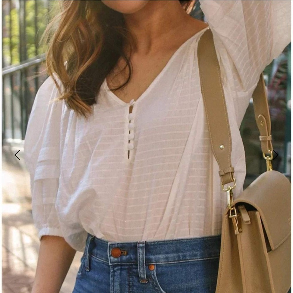Summersalt White The Cotton Pintuck Blouse Puff Sleeve Top‎ Size Large